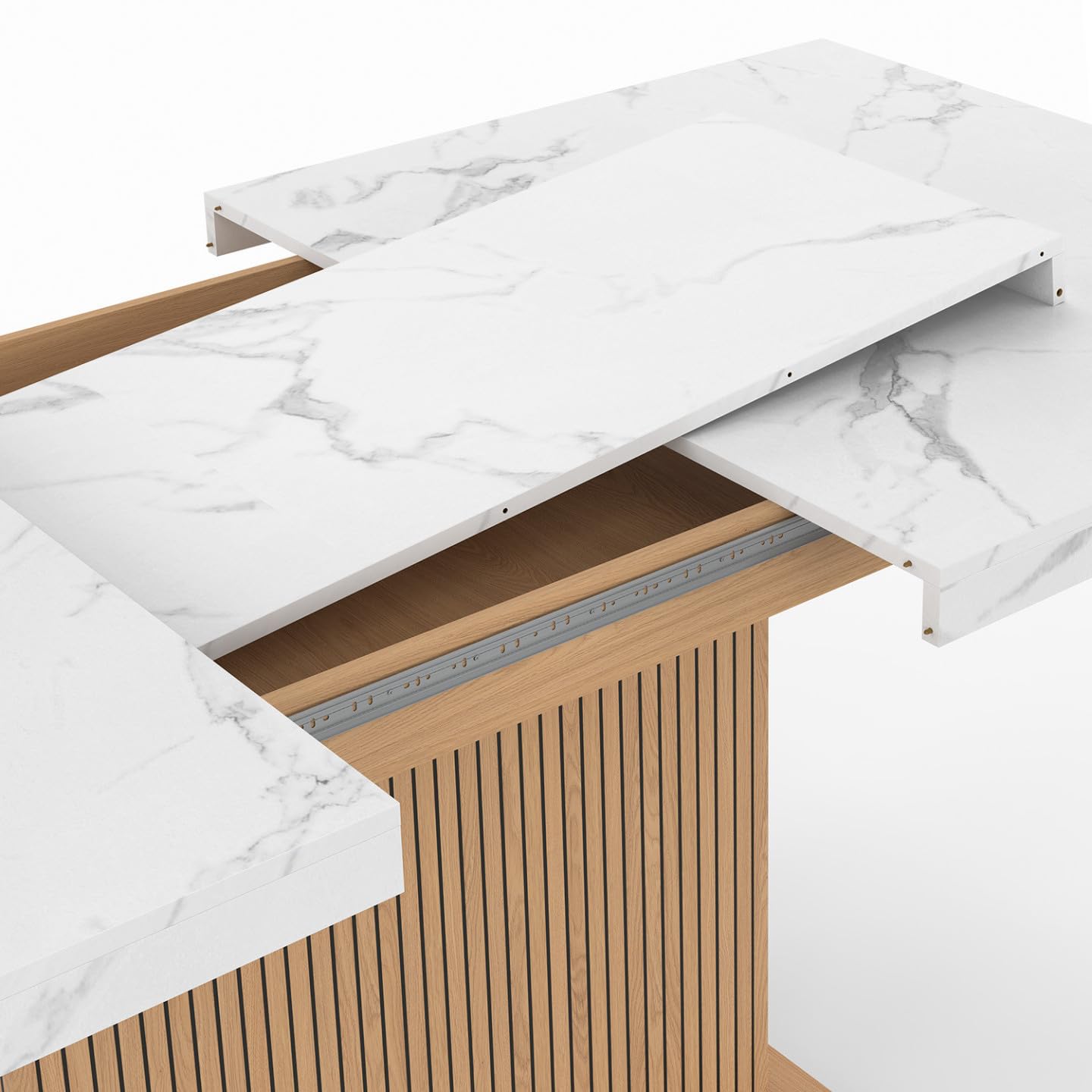 IDMarket – Tavolo da pranzo allungabile rettangolare Julieta 6-10 persone, vassoio effetto marmo, doghe in legno con spazio di archiviazione, 160-200 cm