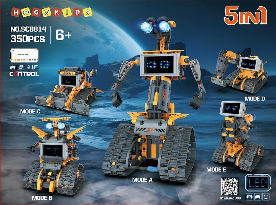 Battery warning labels and safety symbols for the HOGOKIDS robot kit.