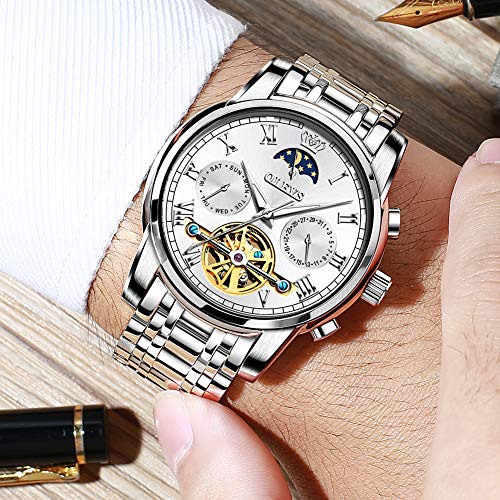 Image of OLEVS Men Watch Automatic Mechanical Skeleton Moon Phase Dress Business Stainless Steel 3AT Waterproof Luminous Men Wrist Watch