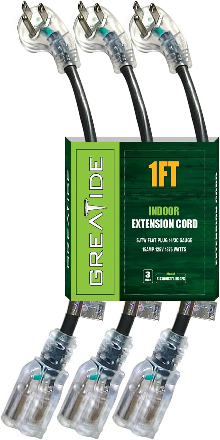 GREATIDE 1 Ft 14/3 Flat Plug Lighted Extension Cord, Heavy