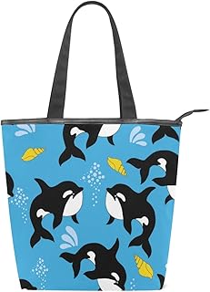 Canvas Tote Bag Donna Shopper Top Handle Borse a Spalla con Cerniera Mediterraneo Mare Oceano Carino Delfini Animali