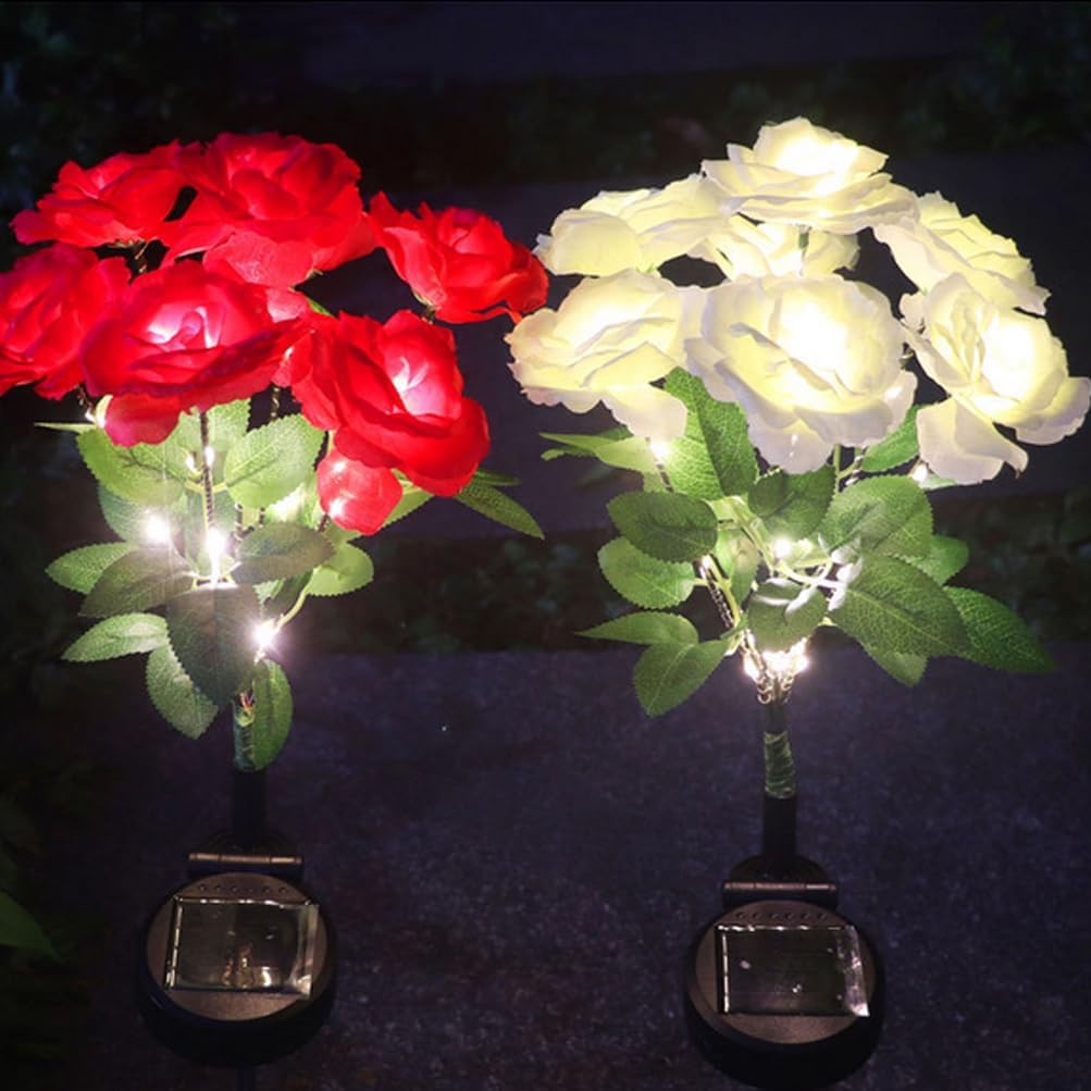 Aolyty Solar Garden Lights, 2 Pack Solar Rose Lights with 14 Rose Flowers, IP65 Waterproof LED Landscape Light Warm Light for Garden Patio Yard Pathway Valentines Day Outdoor Decorative (White)