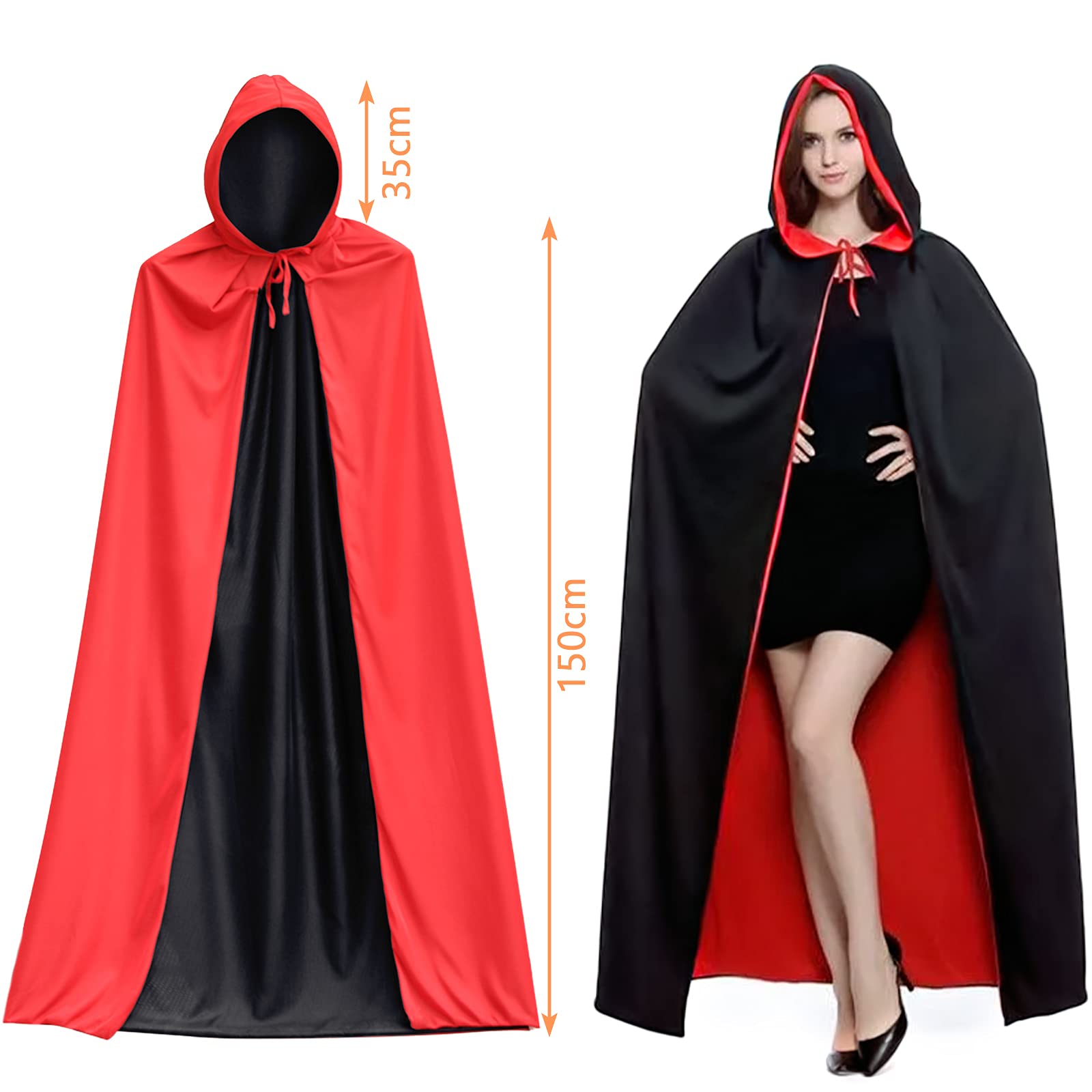 Peleryna Wampira dla Kobiet i Mężczyzn - Dwustronna Peleryna na Halloween dla Dorosłych - Kostium na Halloween, Kostium Wampira, Kostium Horror, Tematyczna Impreza Halloween (150 cm)