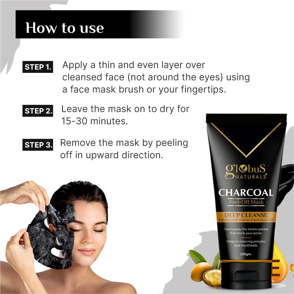 Globus Naturals Activated Charcoal Peel Off Mask Enriched with Vitamin-E and Argan Oil 100 gm 3