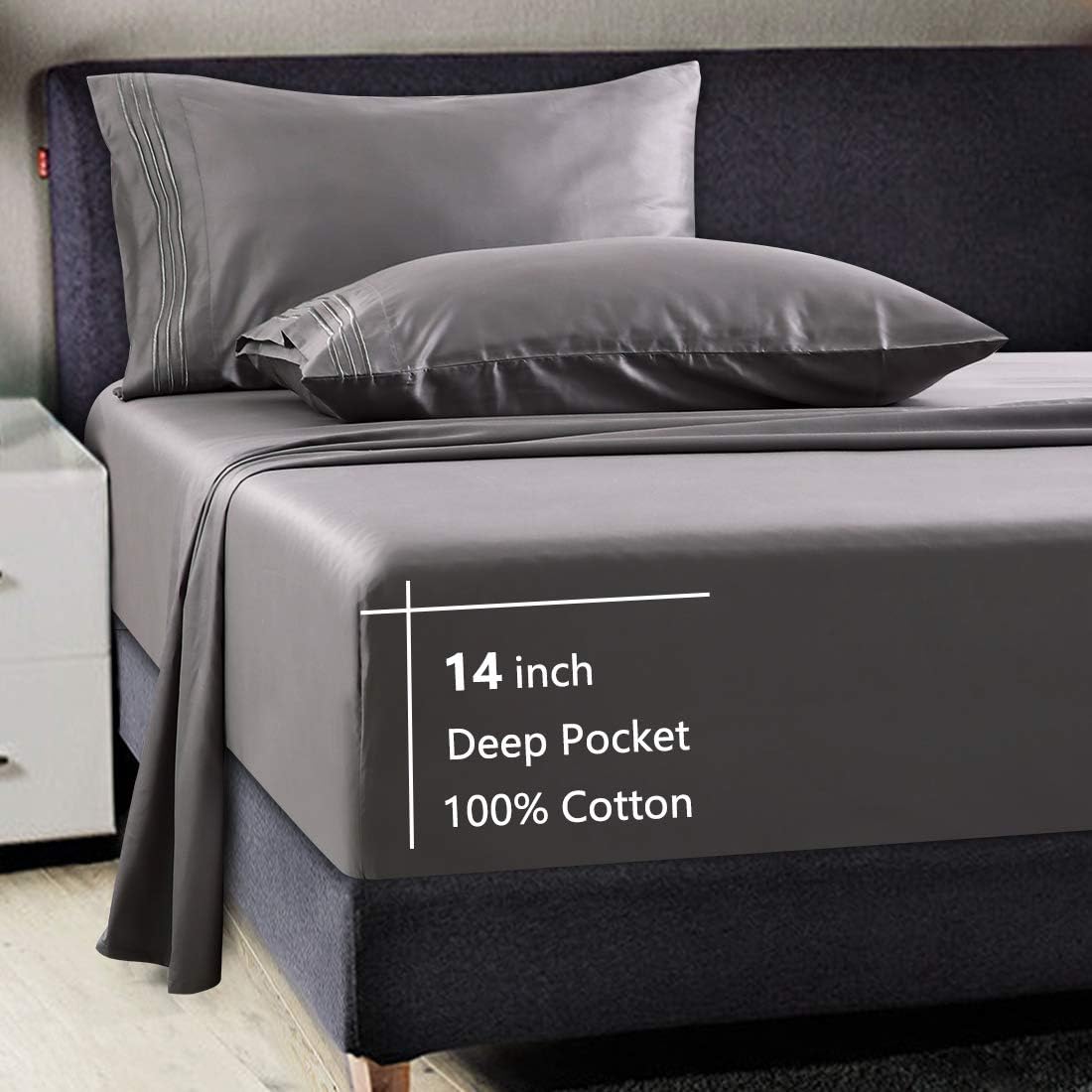 TEKAMON 100% Cotton 600 Thread Count Luxury 4 Piece Bed Sheet Set All Season Egyptian Long-Staple Combed Cotton Sheets -Silky Soft, Breathable, Cooling, Deep Pocket (Dark Grey, King)