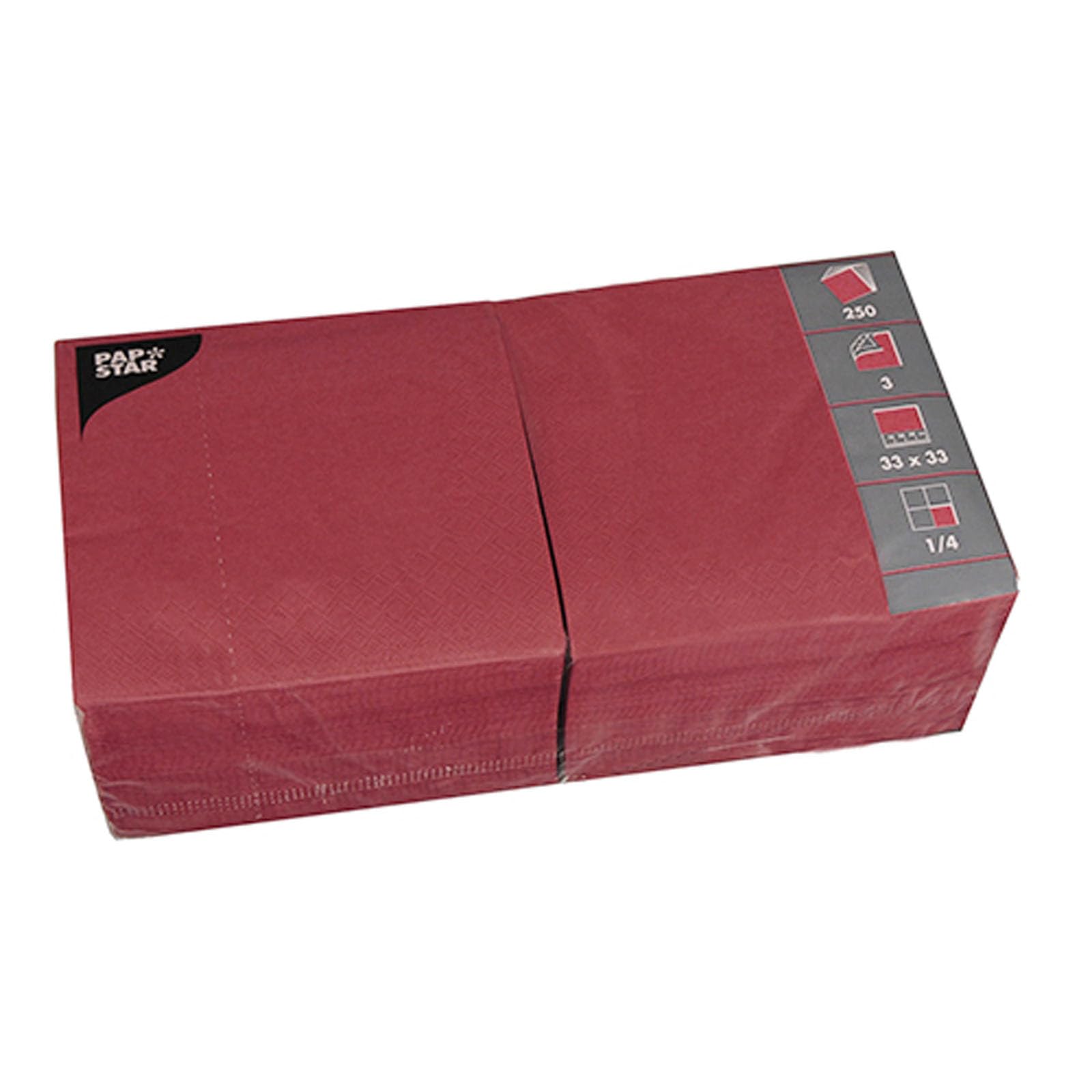 Papstar 1 Karton = 4x250 Servietten, 3-lagig 1/4-Falz 33 cm x 33 cm bordeaux 12494