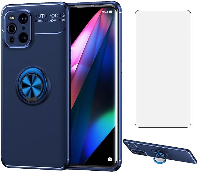 Asuwish Compatible with OPPO Find X3/X3 Pro 5G Phone Case and Tempered Glass Screen Protector With Ring Stand Kickstand Silicone Magnetic Metal FindX3 3X X3Pro CPH2173 Galaxies Gaxaly Women Men Blue