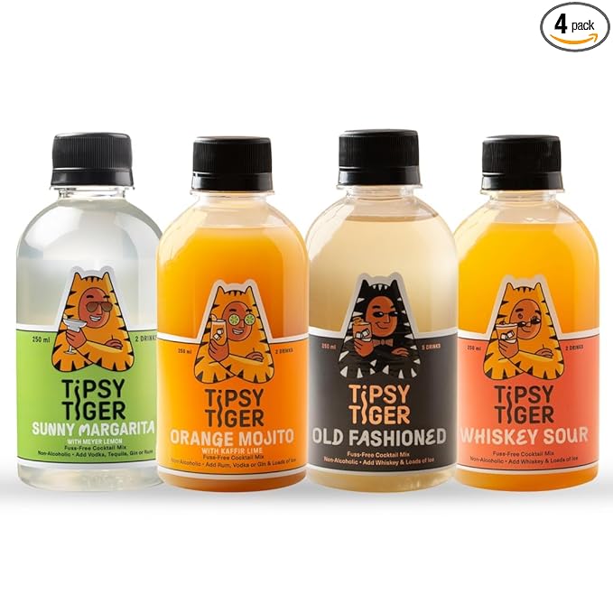 Tipsy Tiger Assorted Flavors Cocktail Mixer (Old Fashioned, Sunny Margarita, Orange Mojito Kaffir Lime, Whiskey Sour ), 5% Added Sugar, 250ml (Pack of 4 bottles, Coaster & eco-friendly bamboo stirrers)