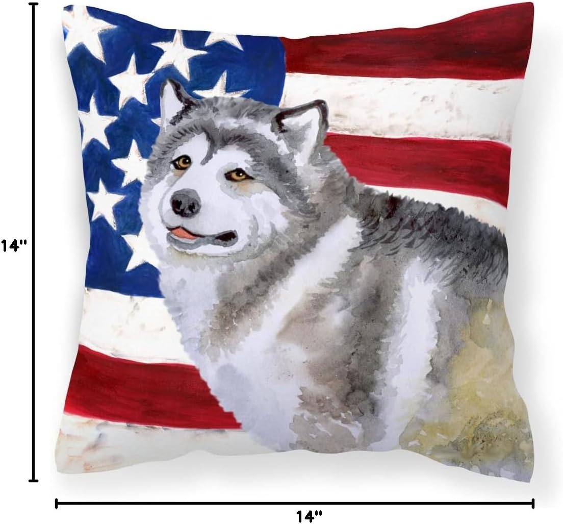 Caroline's Treasures BB9638PW1414 Alaskan Malamute Patriotic Fabric Decorative Pillow Machine Washable, Indoor Outdoor Decorative Pillow for Couch, Bed or Patio, 14Hx14W