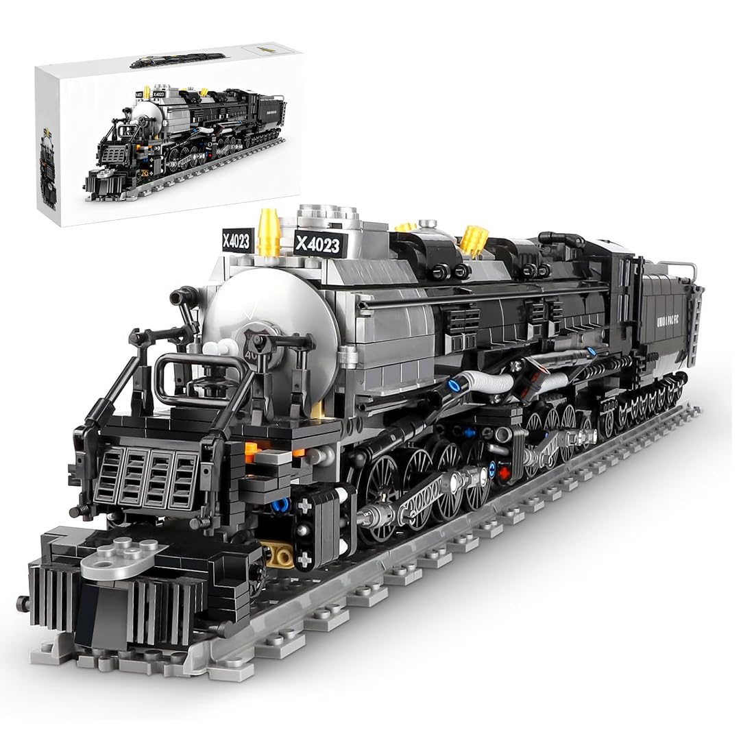 Technik Big Boy Zug Eisenbahn Bausteine,Modell, 1608 Klemmbausteine Dampflokomotive Modell Bauset,City Güterzug mit Schiene Bausatz Display Bausatz zum Verschenken, Kompatibel mit Großen Marken