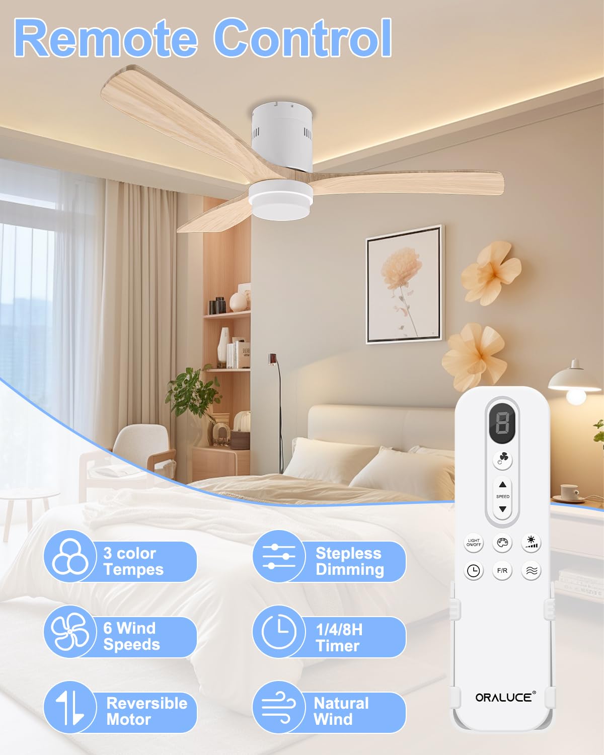 Ventiladores de techo de 52 pulgadas con luces y control remoto, ventilador de techo de madera moderno para interiores y exteriores con motor de CC silencioso reversible, 6 velocidades, 3 2