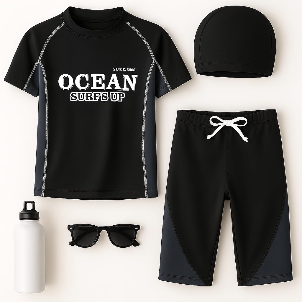Bubble Berry Boys' 3-Piece Swimming Suit Set | Polyester-Spandex Blend (in, Age, 11 Years, 12 Years, Black Grey) - Image 2 thumbnail