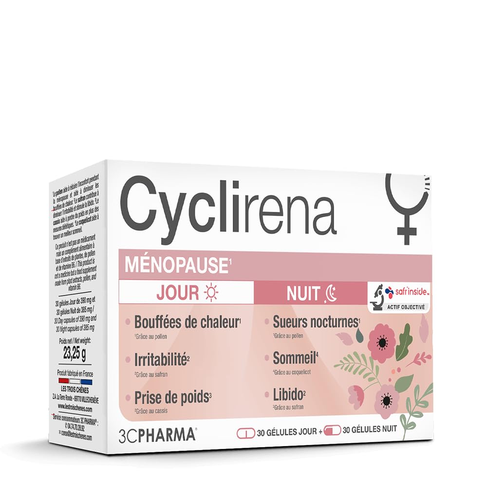 3C Pharma Cyclirena Pré Ménopause et Ménopause Femme Équilibre Hormonal 30 Gélules Jour et 30 Gélules Nuit
