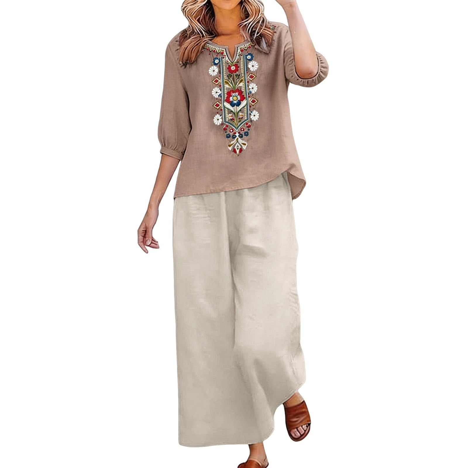 Conjunto Mujer Vestir Dos Piezas, 2026 2 Piezas Talla Grande Conjunto de Verano Otoño Algodón y Lino Camiseta de Manga 3/4 y Pantalones Ancho Suelto Oficina Casual Traje Color Sólido Cómodo Set
