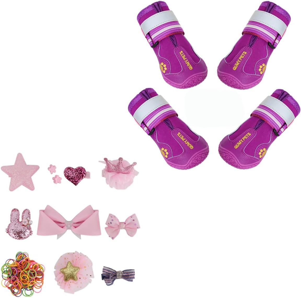 QUMY Purple Dog Shoes Size 1 and Pink Dog Hair Clip Set