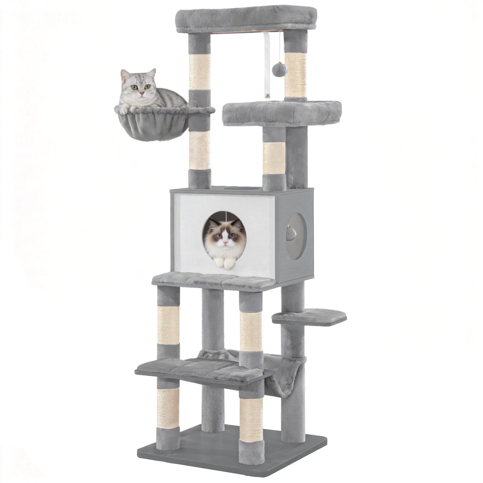 Grand arbre à chat de 166 cm gris idéal pour le confort des chats en appartement