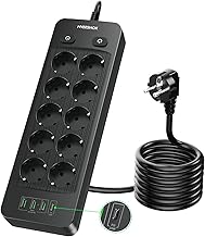 NVEESHOX Electric Power Strip (4000W/16A), Power Strip 10 Sockets 3 USB and 1 USB C, Surge Arrester and Surge Power Strip with Switch, 2M Cable for Home Office, Black…