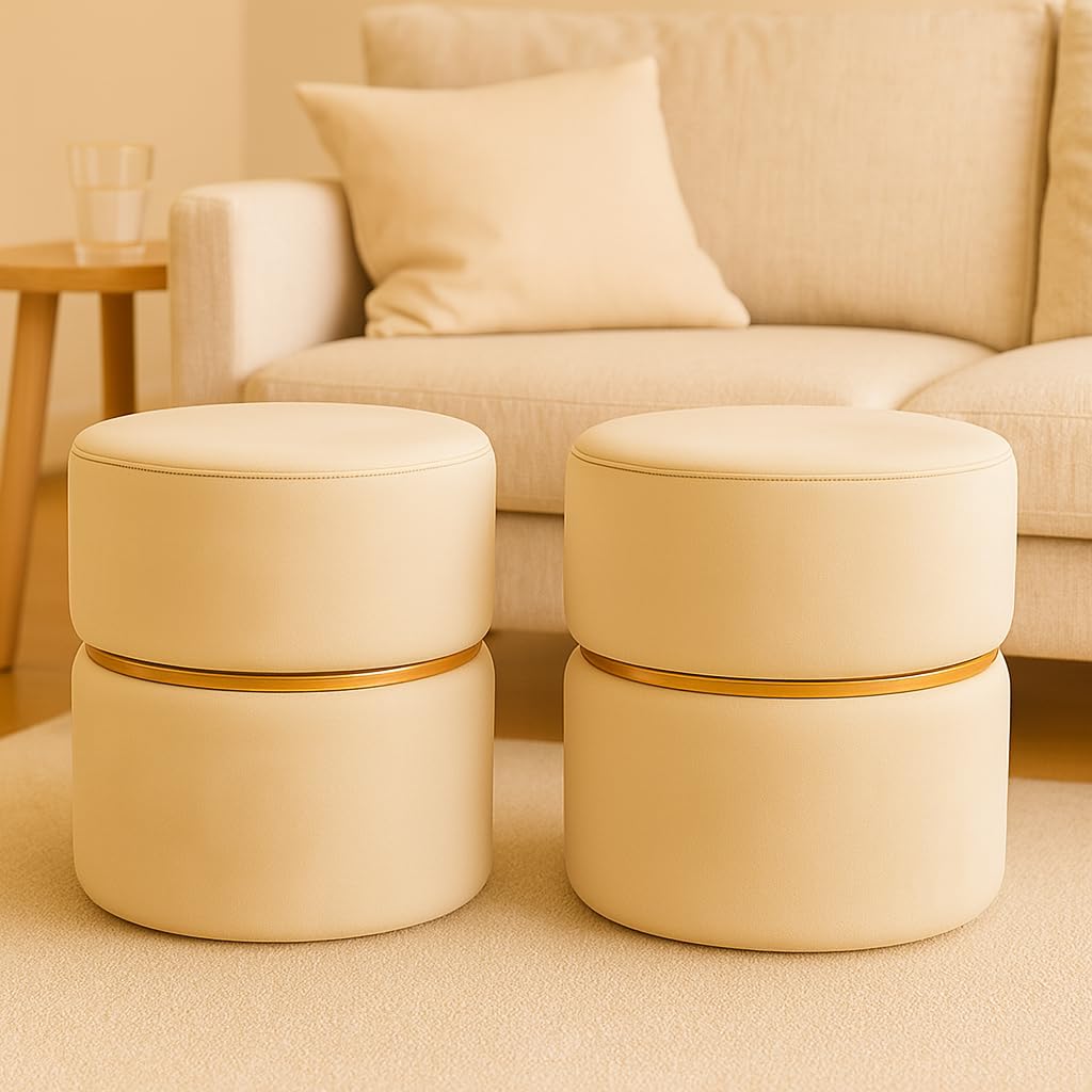 Wooden Puffy Stool for Living Room Round Footstool - Ottoman Stool for Living Room Furniture Round Ottoman - Sitting Pouffe Ottoman Stool/Room Dcor/Office Stool - (Set of 2 Cream)-image-12