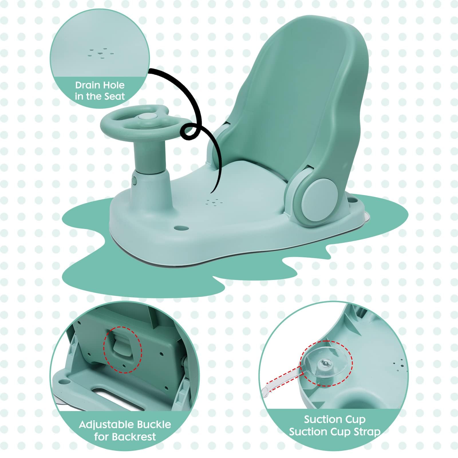 Siege de Bain pour Bebe de 6 à 24 Mois, Chaise de Bain avec Dossier Réglable et 4 Ventouses, Siege de Bain Pliable Antidérapant, Siege Baignoire Bebe, Ergonomique Siège de Douche pour Bébé