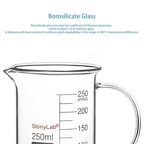 Miniatura 3 de stonylab Vaso de cristal con asa, vidrio de borosilicato graduado de forma baja con mango y boquilla de vertido, 8.5 fl oz