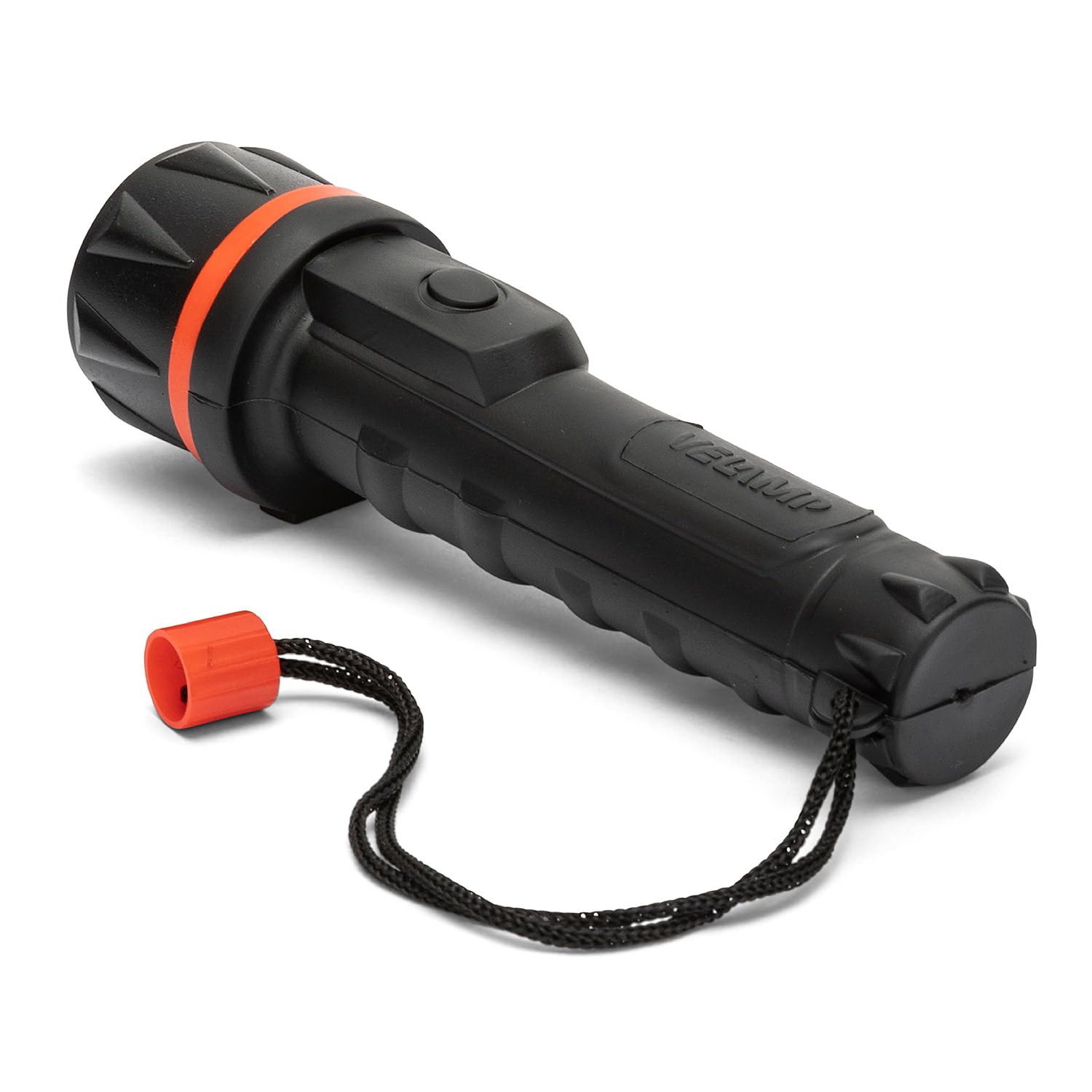 VELAMP - Torcia LED Potente Professionale Impermeabile, Super Luminosa 12 Lumen (Fascio 20 Metri) Campeggio, Outdoor e Emergenza a 2 Pile AA (non Incluse), Autonomia 30h, Manico Antiscivolo e Laccetto