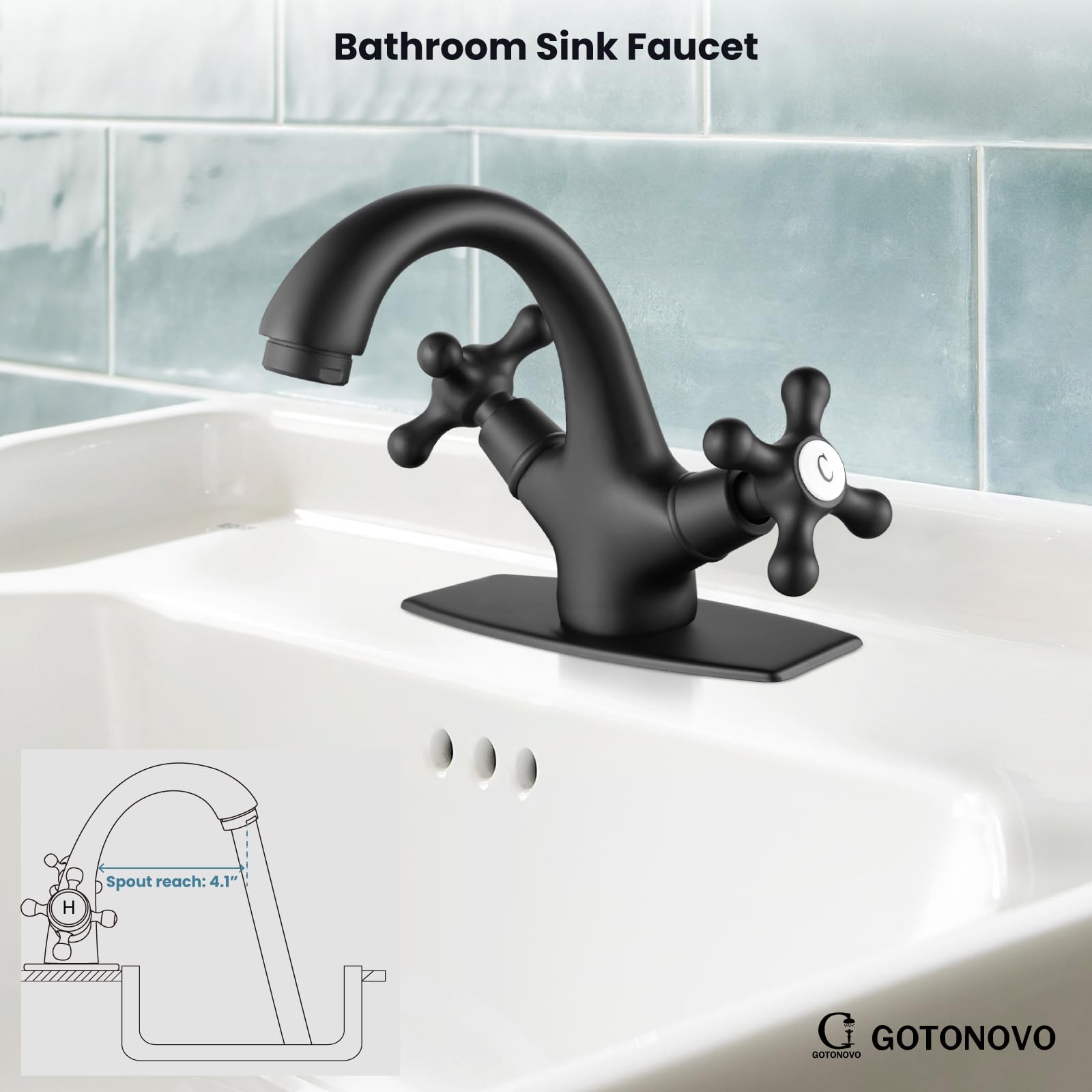 Gotonovo - Llave Mezclador De Doble Mango Cruzado De 3 Agujeros Para Lavabo De Baño, Llave De Lavabo De Montaje En Cubierta, Lavabo De Agua Fría Caliente A Juego, Drenaje Emergente Chapado