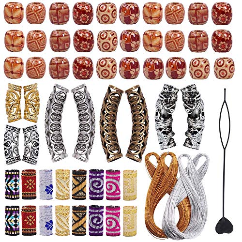 Fani 58 Pieces Dreadlock Beads Lychee Fabric Dreadlock Bead Cloth Tube Beads Classic Retro Style Metal Cuffs Tubes DIY Wood Beads for Hair Braid Accessories for Women 200 M Metallic Cord
