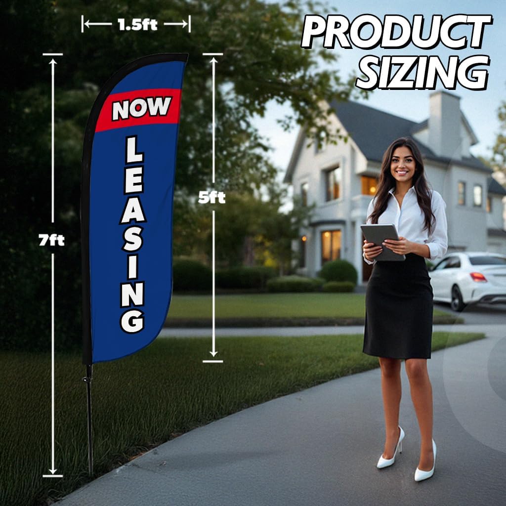 LookOurWay Feather Flag Pole Kit - 7 Feet Tall Advertising Banner with Fiberglass Pole Set and Ground Spike for Business Promotion - Real Estate Flags - Now Leasing Blue - Image 3