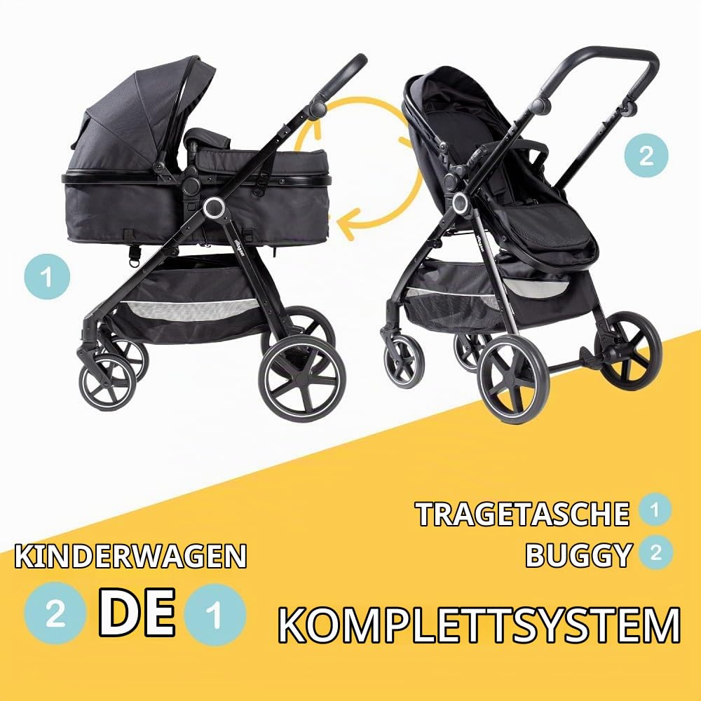 Interbaby Kinderwagen 2in1 Babywanne + Sportsitz ab Geburt 22 kg (Schwarz) | Kombikinderwagen 2in1 ab Geburt, große Babywanne + wendbarer Sportsitz, 4-Rad-Federung, Schnellfaltsystem