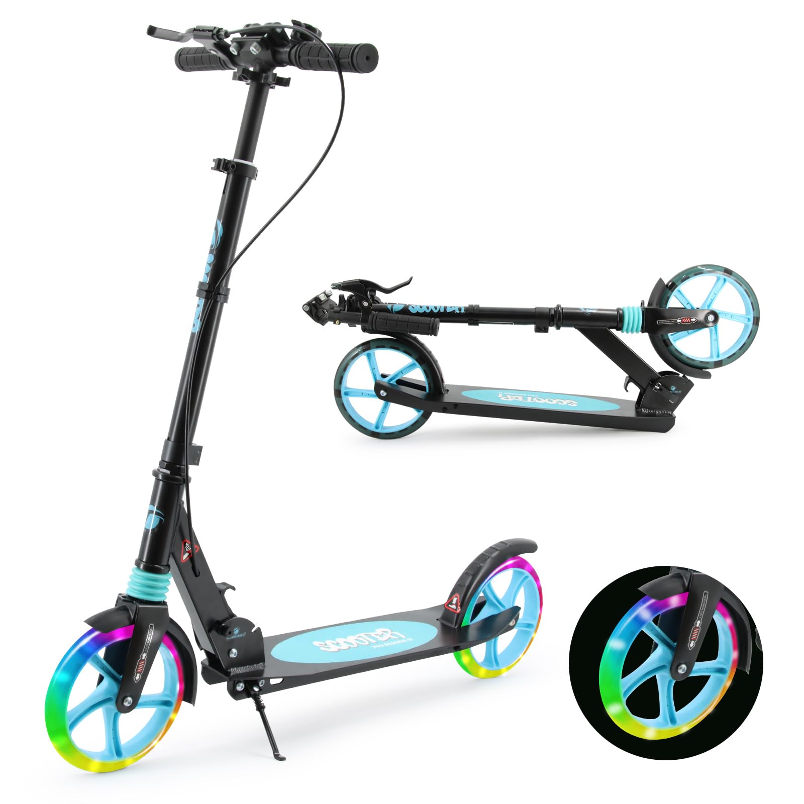 LED Light Up Large Wheels Scooter for Kids Ages 6-12 and Adults with Handbrake, Kick Scooters for Teens 12 Years and Up with Carry Strap and Bell, Easy Fold, Height Adjustable