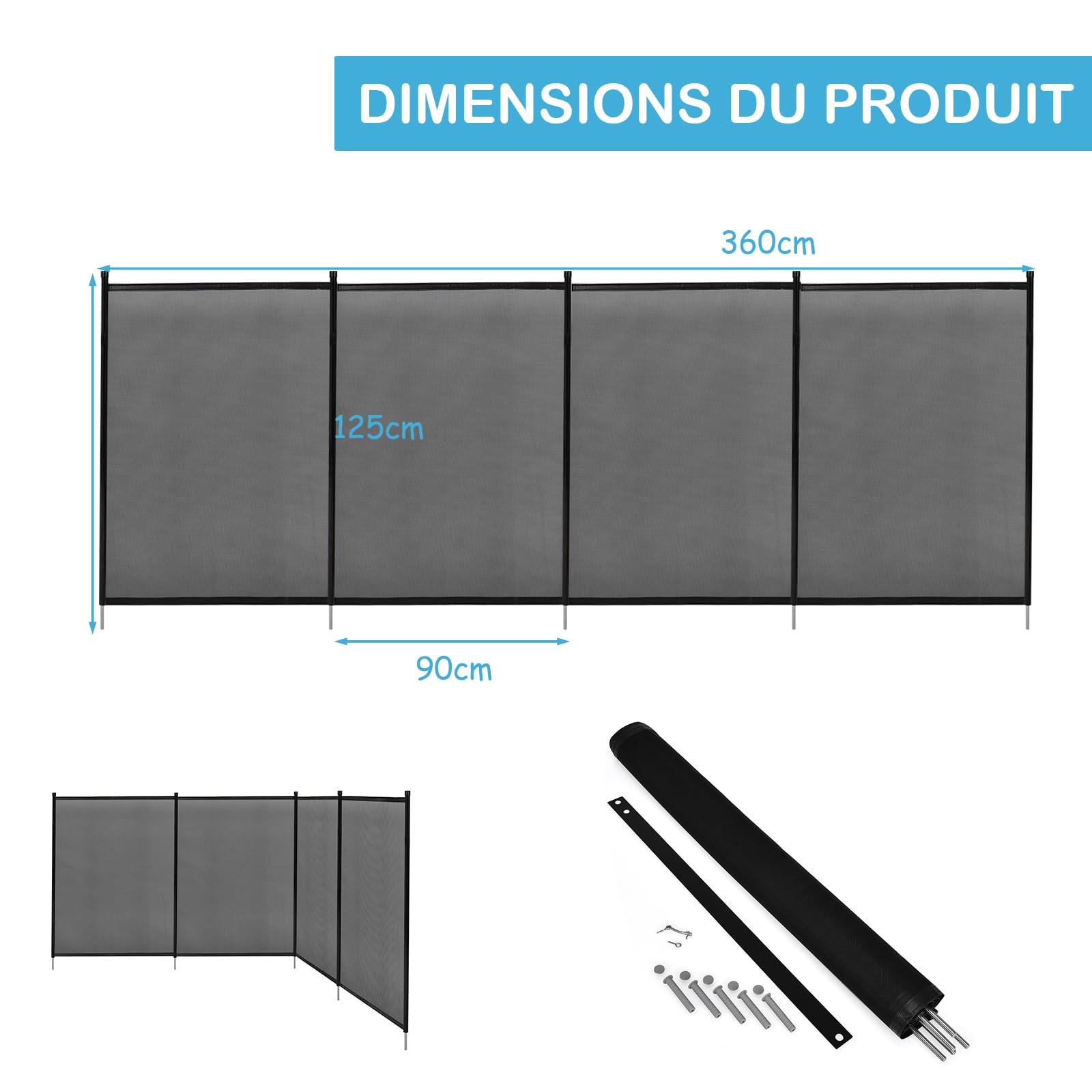 DREAMADE Barrière de Piscine Barrière de Protection de Sécurité pour Piscine, Tube en Aluminium, Pieds en Acier Inoxydable et Accessoires en Plastique 360 X 125 CM Noir