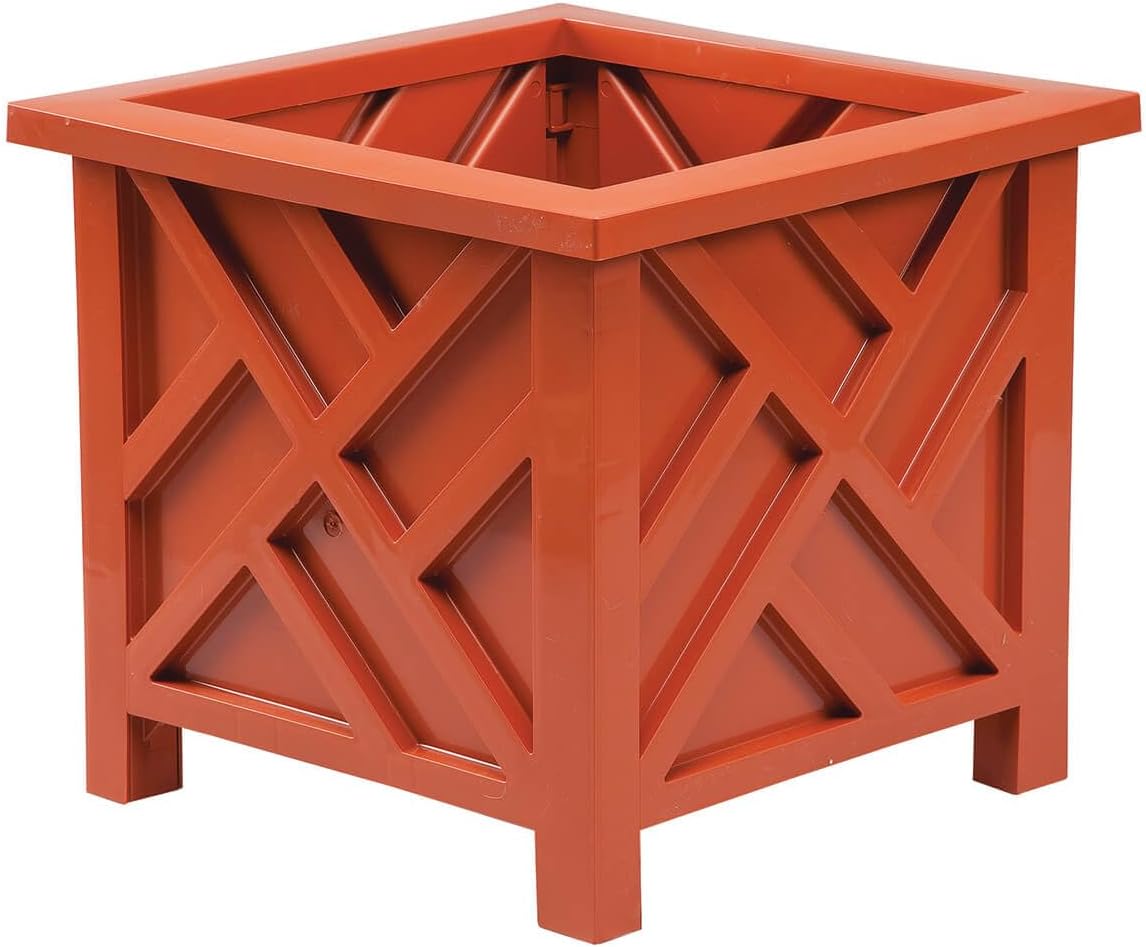 Terra Cotta Chippendale Planter Boxes - Set of 2 | Elegant Outdoor Planters | Durable Polypropylene | Lattice Pattern | Tool-Free Assembly | 14.75" and 11.5" Sq. | Holds 22 lbs Each