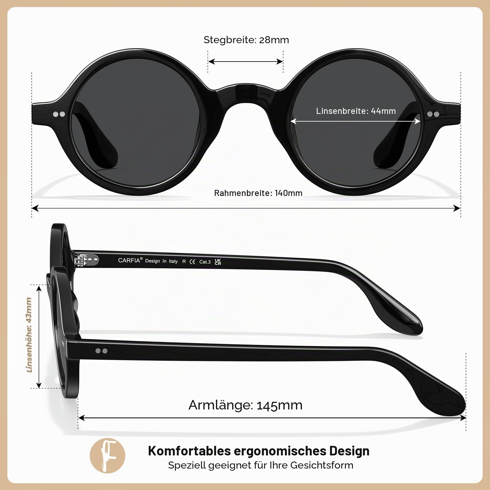 CARFIA Polarisierte Sonnenbrille für Herren - Vintage Party Look mit runder Acetate Rahmen, einteilige Nasenauflage & Hoher UV Schutz CA2501