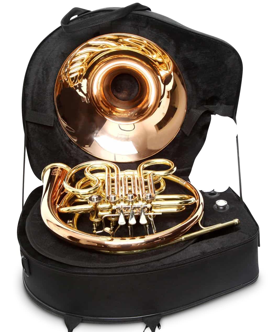 Waldhorn/Doppelhorn in Bb/F, Goldmessing inkl. Luxus-Hartschalenkoffer und Zubehör, Neu