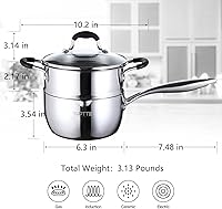 Vista 6 de Olla de salsa de acero inoxidable de tres capas con cuerpo completo con vaporera, olla de pasta pequeña multiusos de 1.5 cuartos con tapa de vidrio