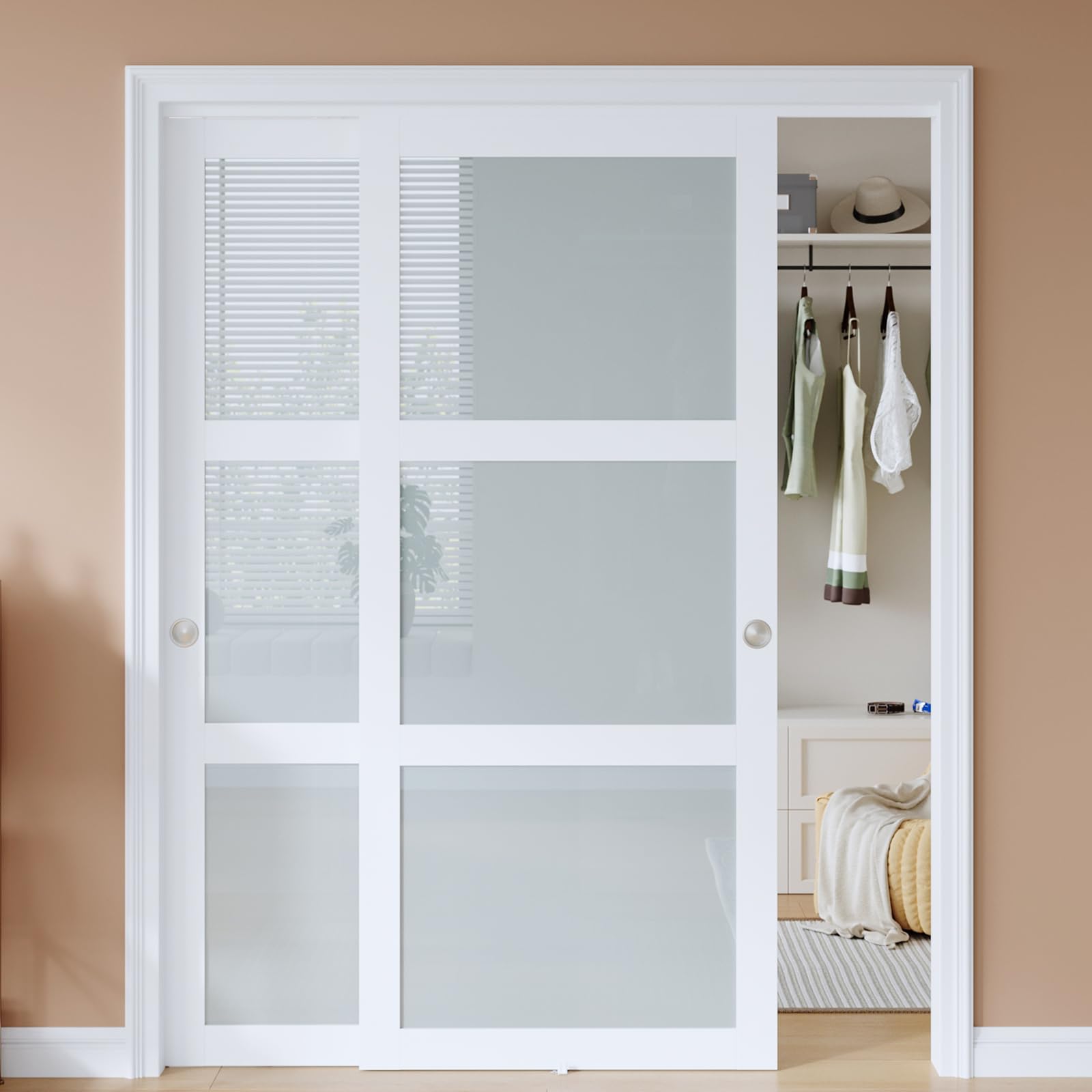 Photo 1 of EaseLife 64x80 in (Double 33in) Sliding Closet Door for Bedroom, 3-Lite Frosted Glass Sliding Door with Hardware Track Kit & Floor Guide, Preassembled Door Panel, MDF White Pocket Doors