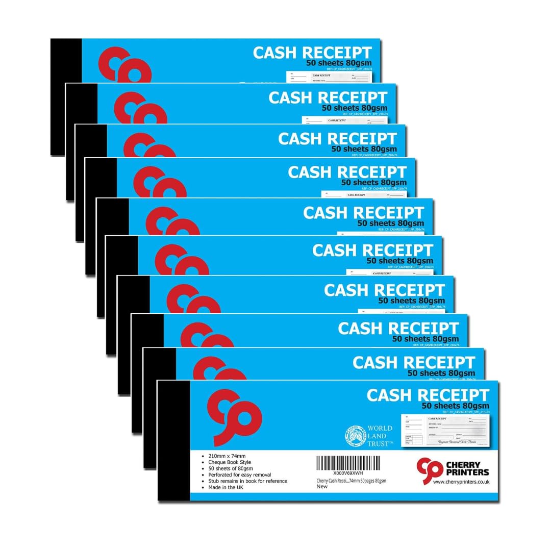 Cherry Printers | Cash Receipt Book - Cheque Book Style with stub 210mm x 74mm | 50pages 80gsm | 50 Pack