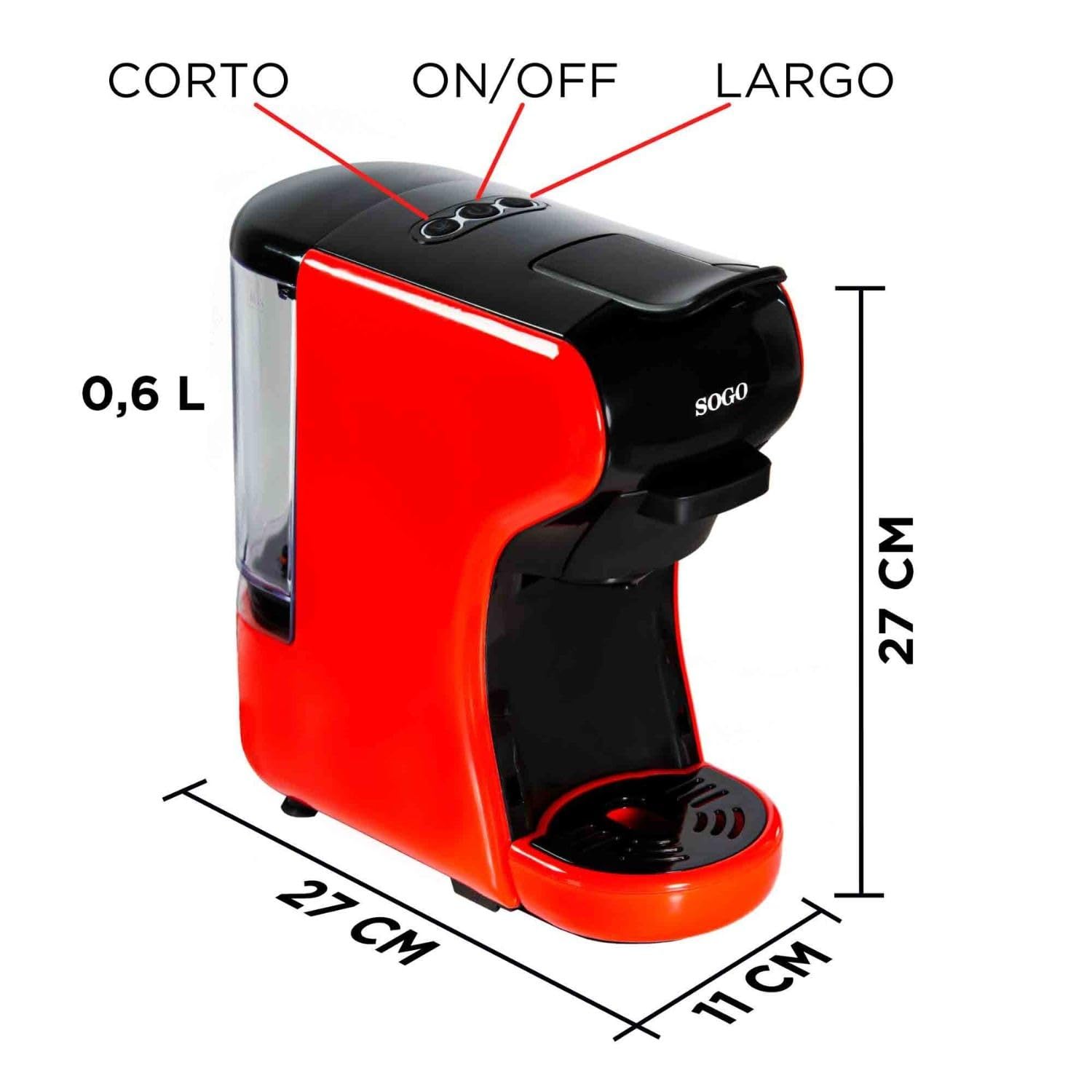 SOGO Macchina da caffè universale a capsule 3in1 - Macchina da caffè multicapsule 9 bar, 0,6, rosso (SS-5675)