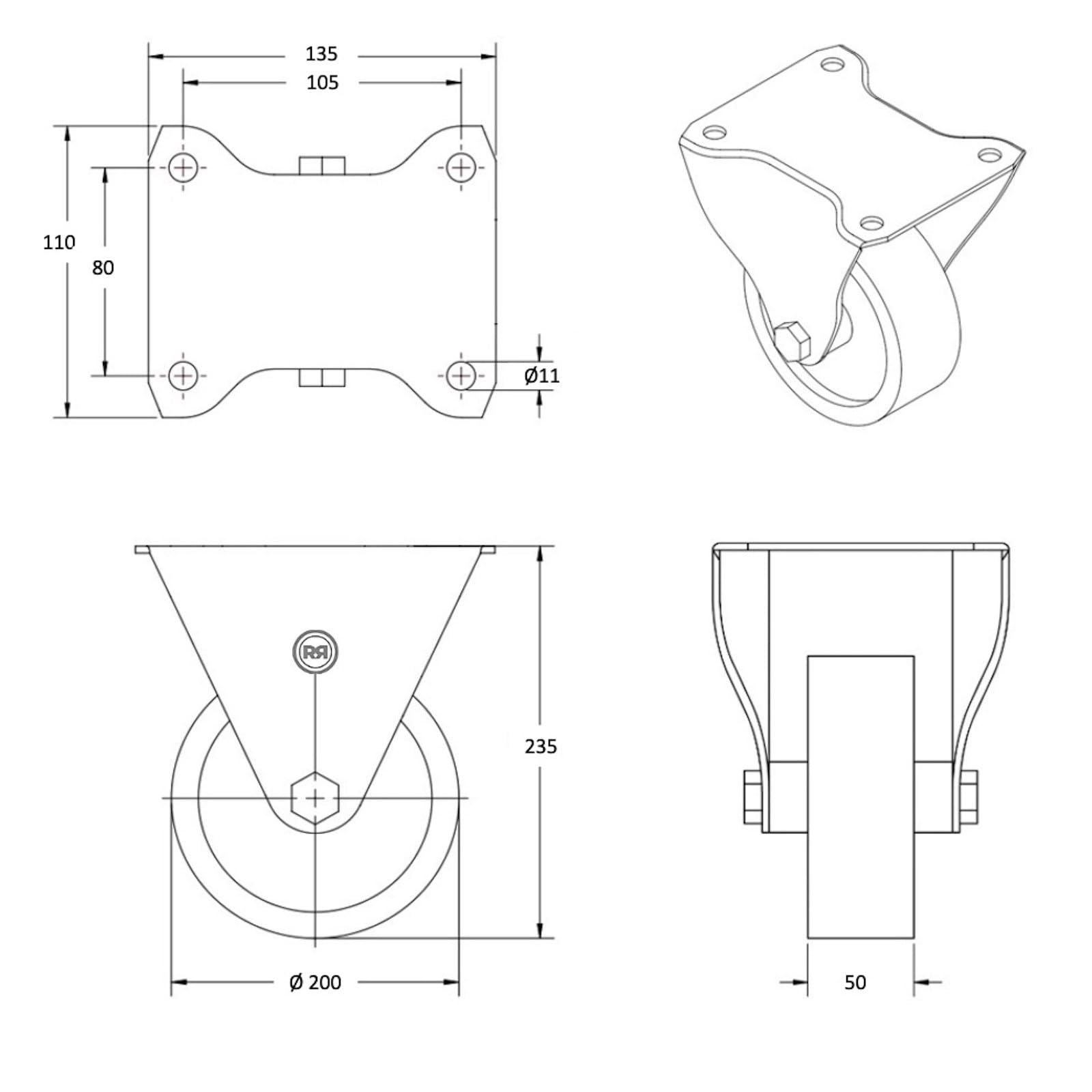 Lot de 4 roulettes pivotantes à frein et fixes polyamide blanc 200 mm - 1050 Kg