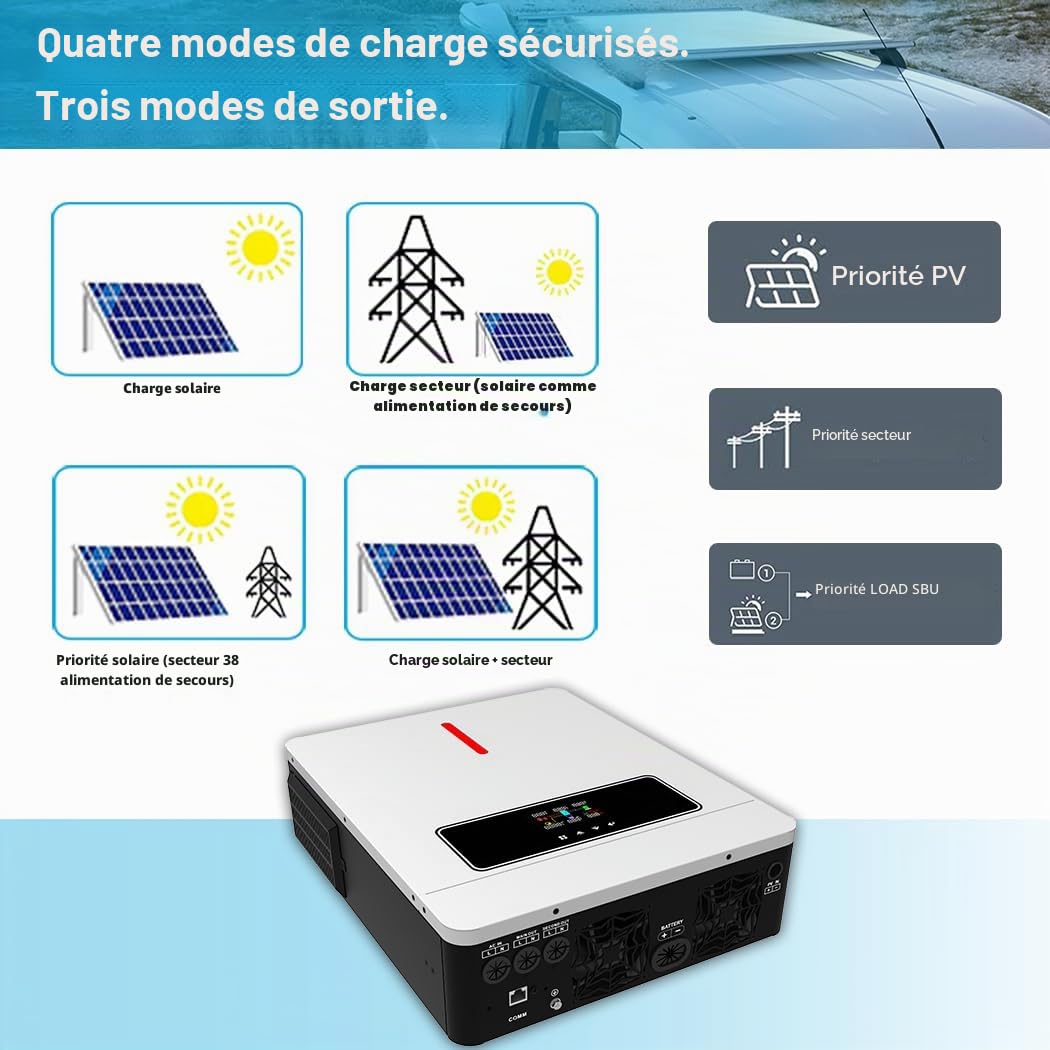 Y&H Onduleur Solaire Hybride 6,2 KW on/Off Grid 48V AC 220V Deux Sorties de Charge MPPT 120A Chargeur Solaire Max PV Puissance 6500 W Entrée avec Communication WiFi