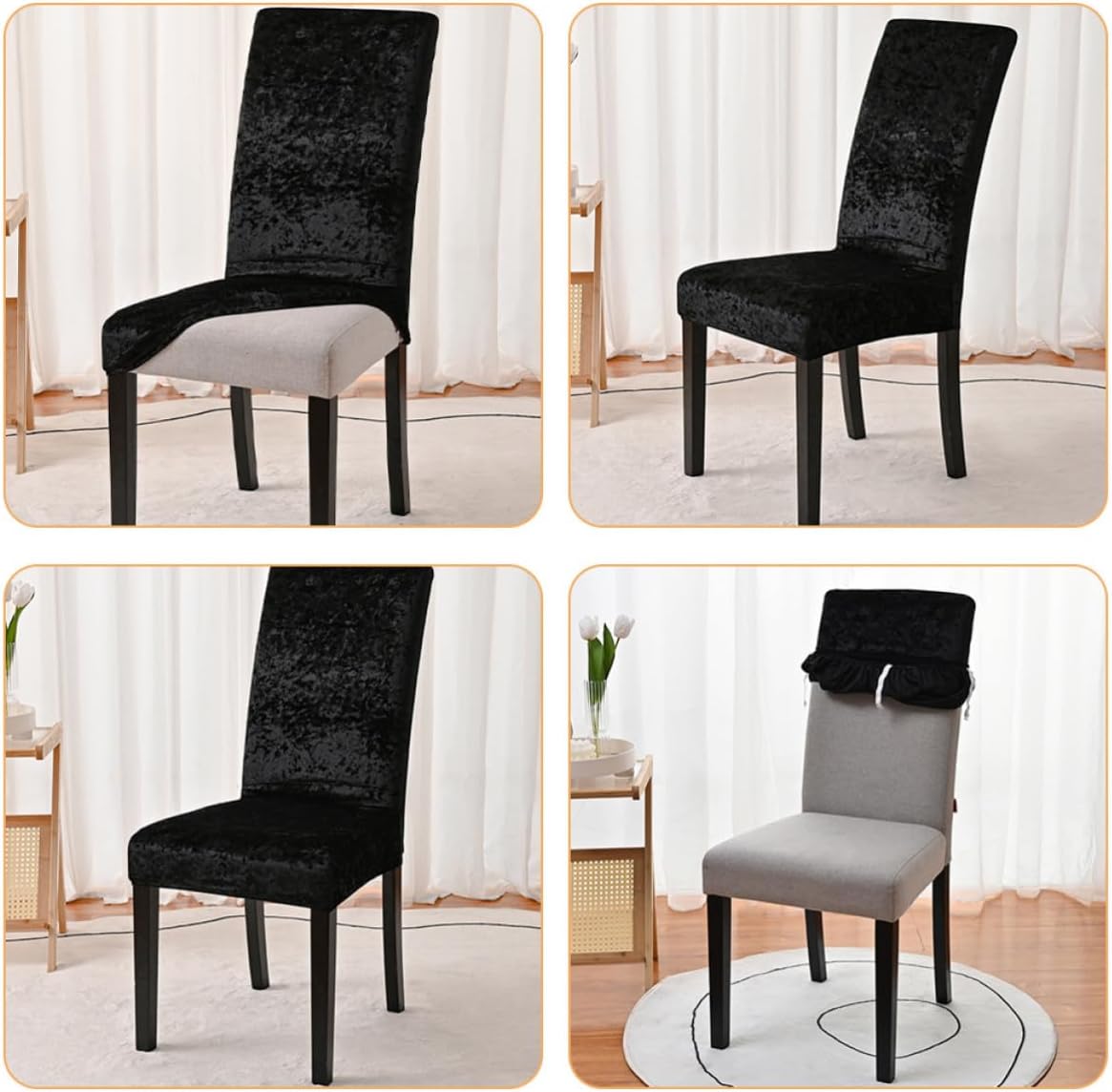 Black Velvet Elastic Dining Chair Cover with Buckle, Wrinkle Resistant