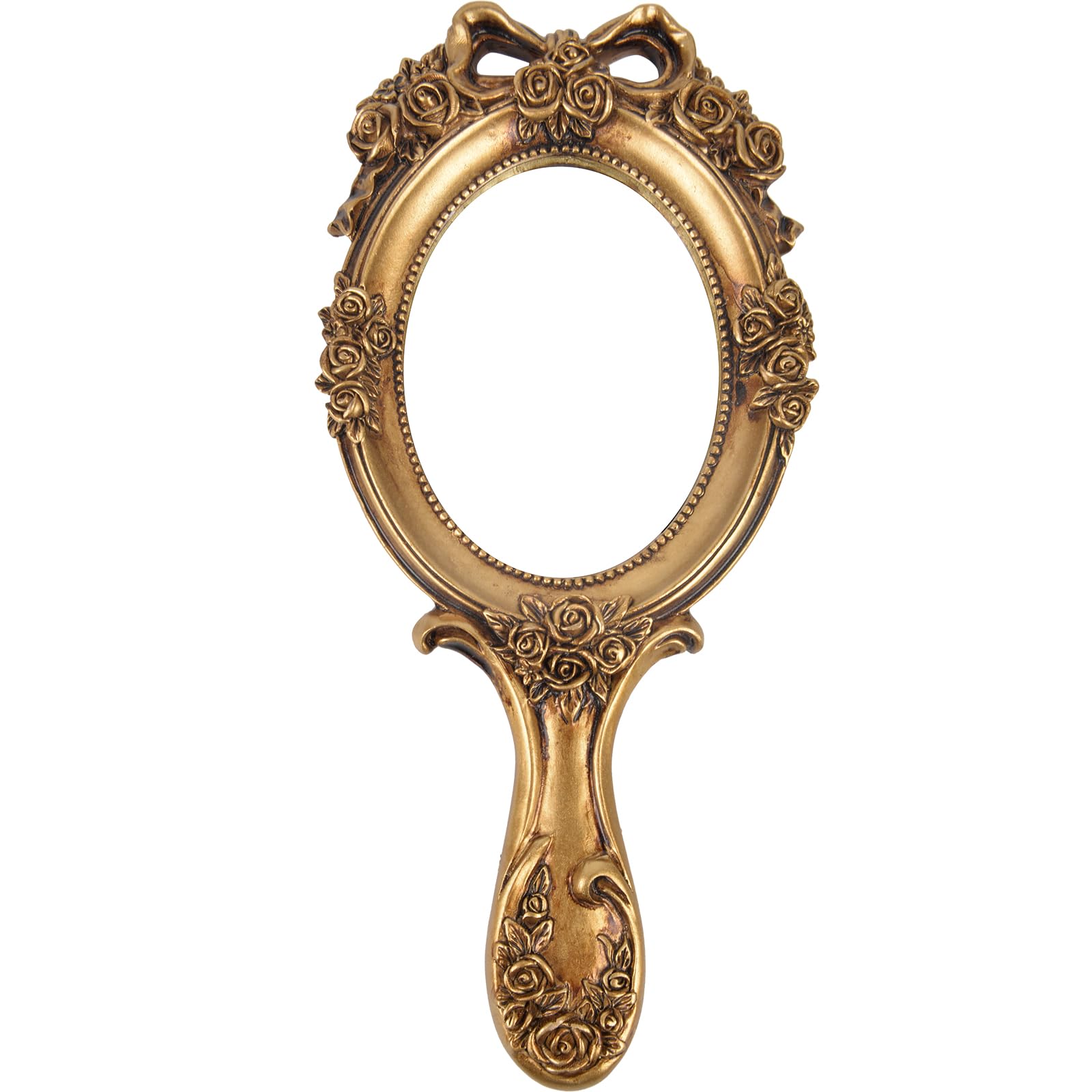 Nerien Vintage Handheld Mirror, Vanity Makeup Mirror with Handle, Antique Embossed Rose Princess Hand Mirror for Women, Portable Travel Packet Compact Mirrors, Decorative Cosmetic Handle Mirrors, Gold