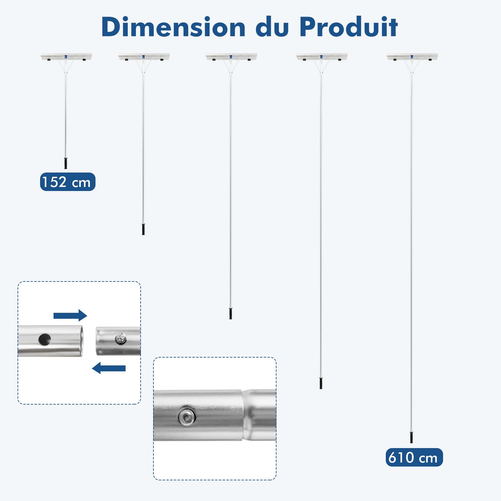 GYMAX Râteau à Neige pour Toit ou Voiture, Barre Télescopique Réglable 152 à 610CM en Aluminium, Outil de Déneigement Léger et Robuste, Lame avec Rouleaux, Poignée Antidérapante