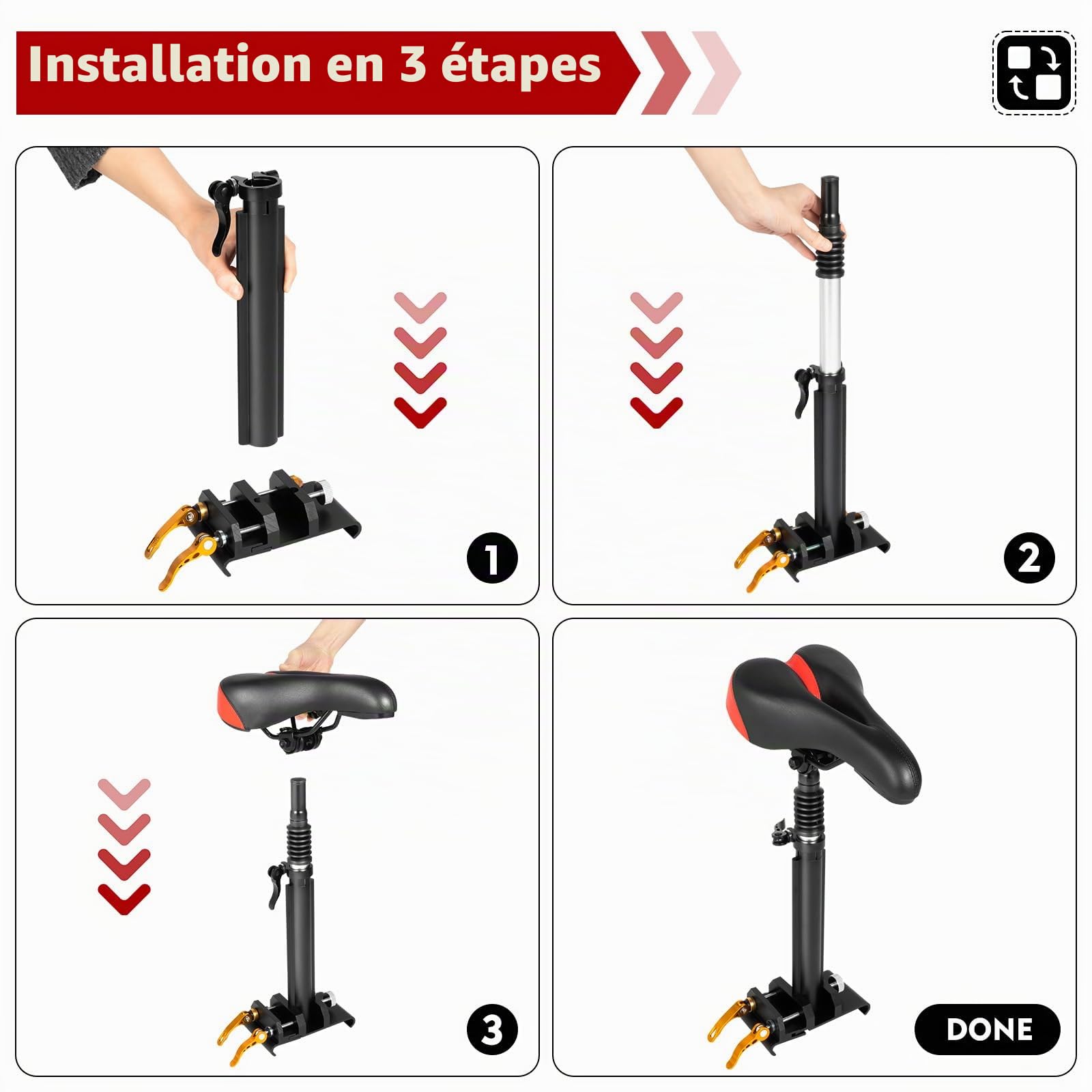 Selle de scooter, siège de scooter électrique, selle de skateboard électrique, ressorts amortisseurs, accessoires, hauteur réglable pour la plupart des coussins de scooter
