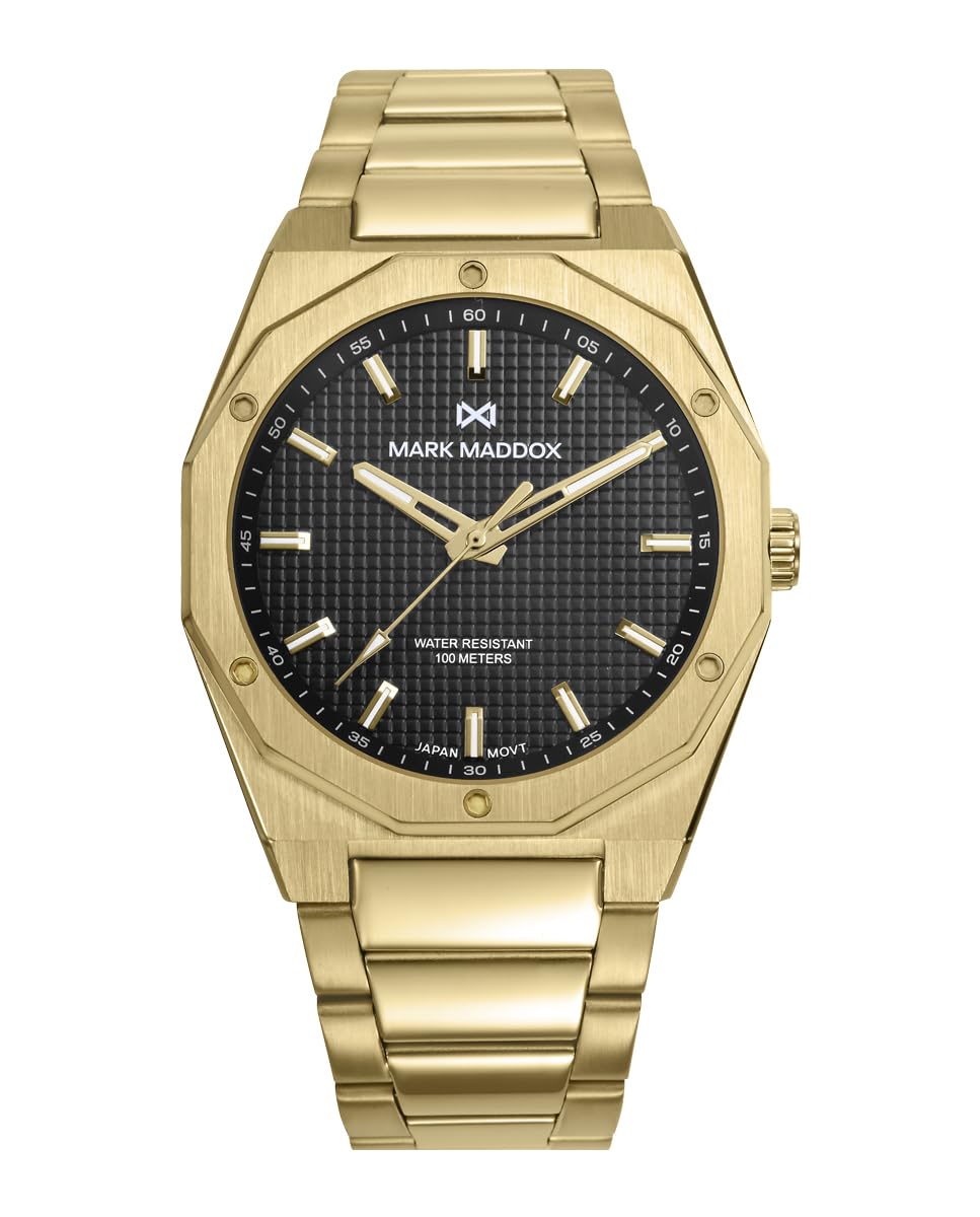 Mark Maddox HM1030-57 – Reloj de Hombre Acero IP Dorado, Esfera Negra, Sumergible 100 m, Cuarzo Analógico 3 Agujas, Caja 42 mm, Cristal Mineral, Cierre con Pulsadores