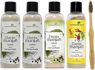 Tooth Powder Combo Pack of 4 x 40g | Classic 2 & Strong 1 & Kids 1 | Intensive Dental Powder for Oral Hygiene, Deep Cleaning & Fresh Breath | 1 Bamboo Toothbrush Free