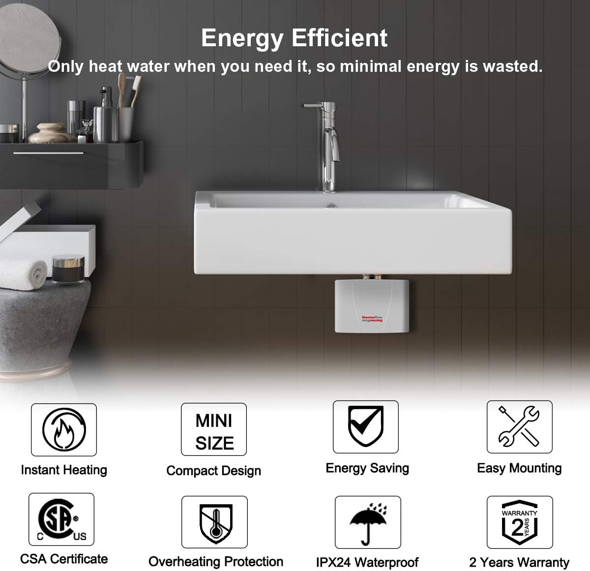 Thermolfow 110V~120V 3.5kW Mini Tankless Electric Water Heater, Point of Use On Demand Instant Hot Water Heater for Sink Washing, Wall Mounted, CSA Certified Hard Wired - - 
