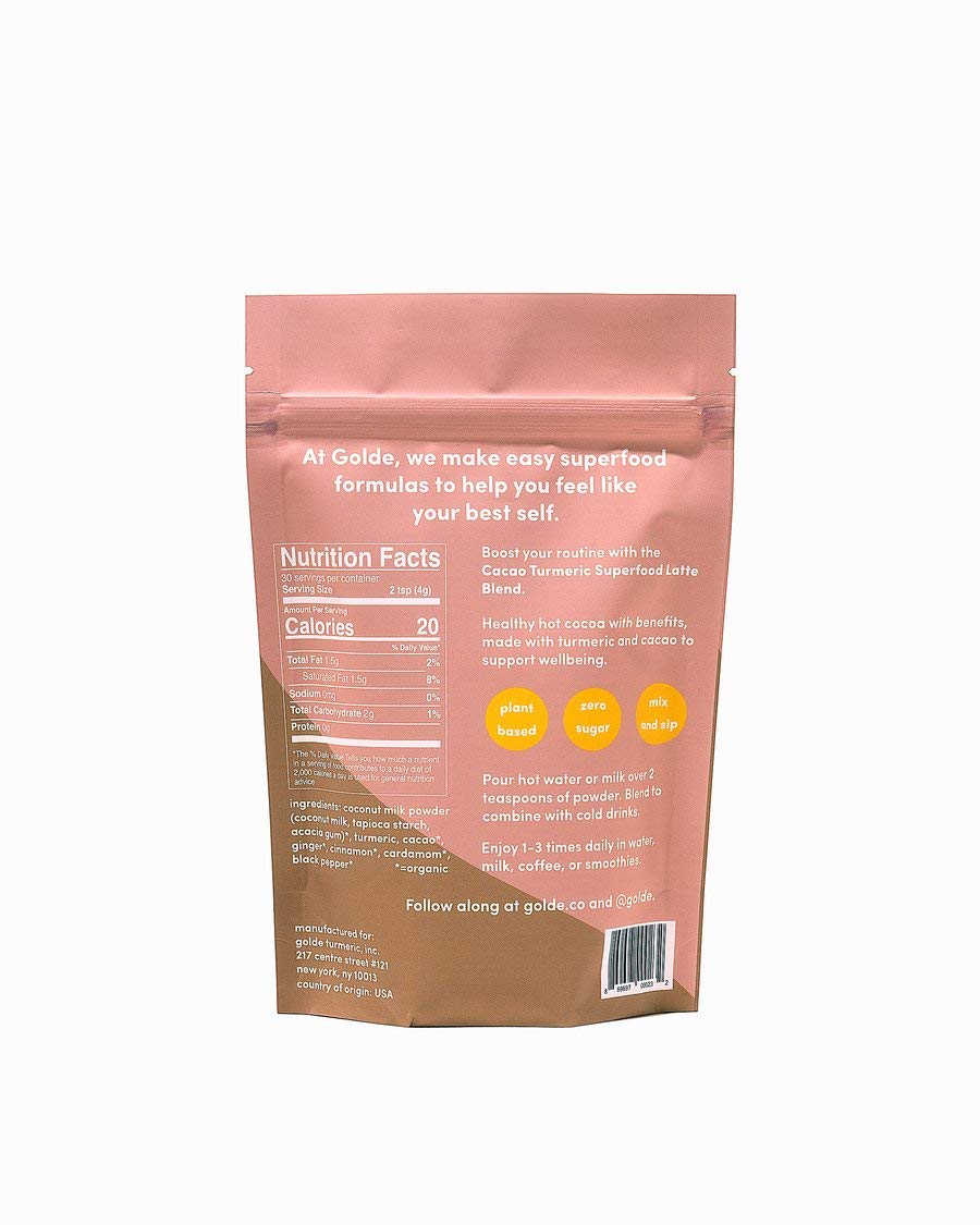 GOLDE - Superfood Latte Blend - Cacao Turmeric - Plant Based w/Turmeric, Cacao, & Coconut Milk Powder - Healthy Hot Cocoa - Coffee Replacement - Vegan, Keto, & Sugar-Free - 30 Servings