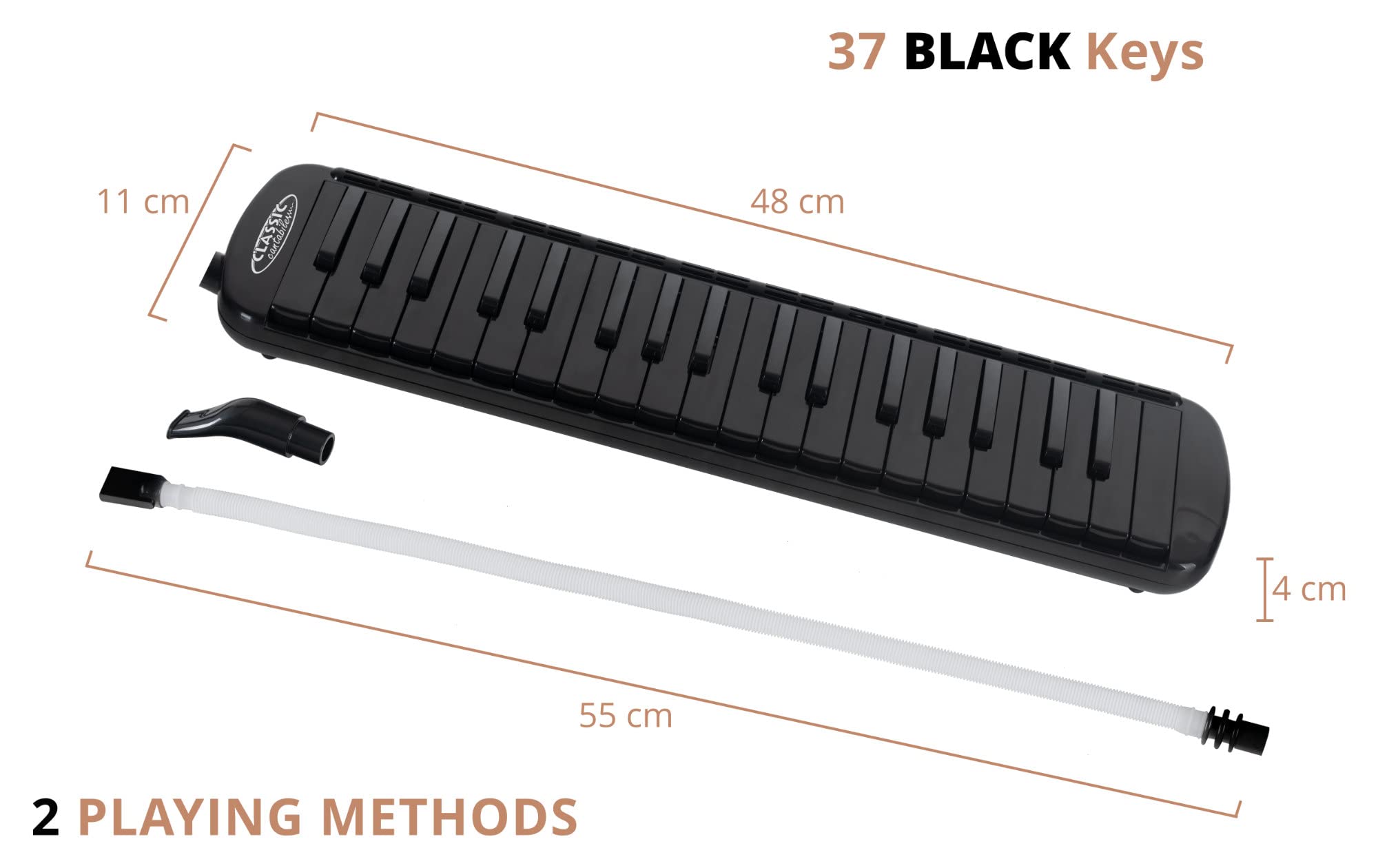 Classic Cantabile PML-37 BK Mélodica - Harmonica à vent avec 37 touches noires - Étendue : f - f³ - Avec étui, embout buccal et tuyau d'embouchure - Noir