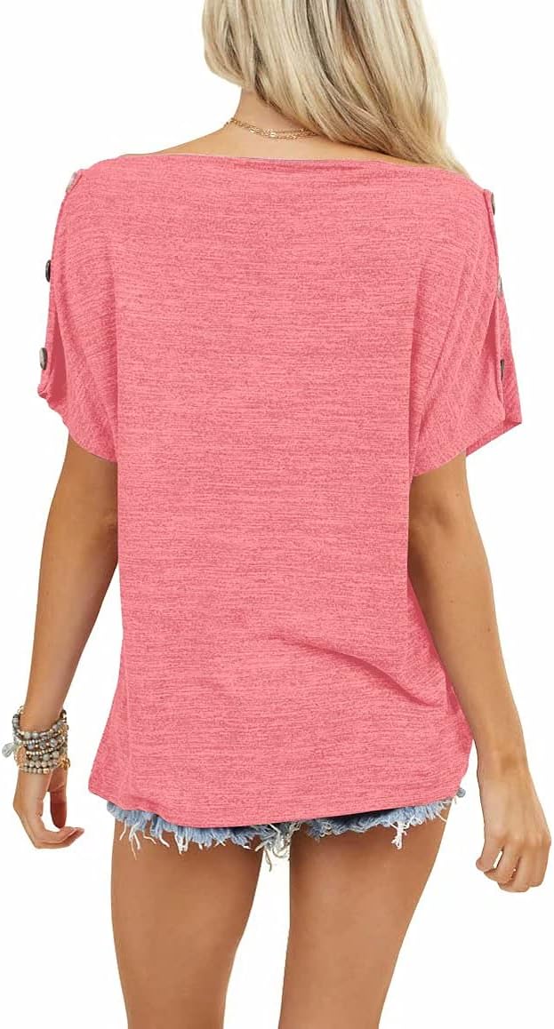 REVETRO Womens Short Sleeve Shirts Off The Shoulder Tops Sexy Button Down Shirt Loose Tunic Top Blouses Summer Tops… - Image 4